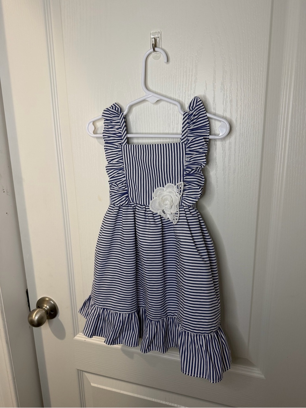Rare Editions Navy Blue & White Striped Ruffle Sundress with Floral Applique